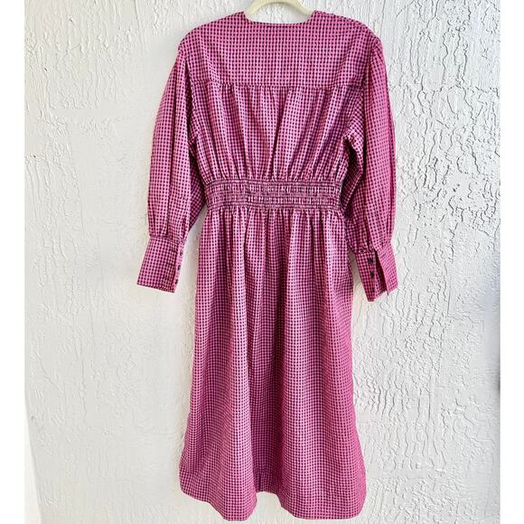 $400 Ganni Shirred Gingham Seersucker V-Neck Midi Dress Pink/Black Sz 36 / US 10 - Picture 6 of 10